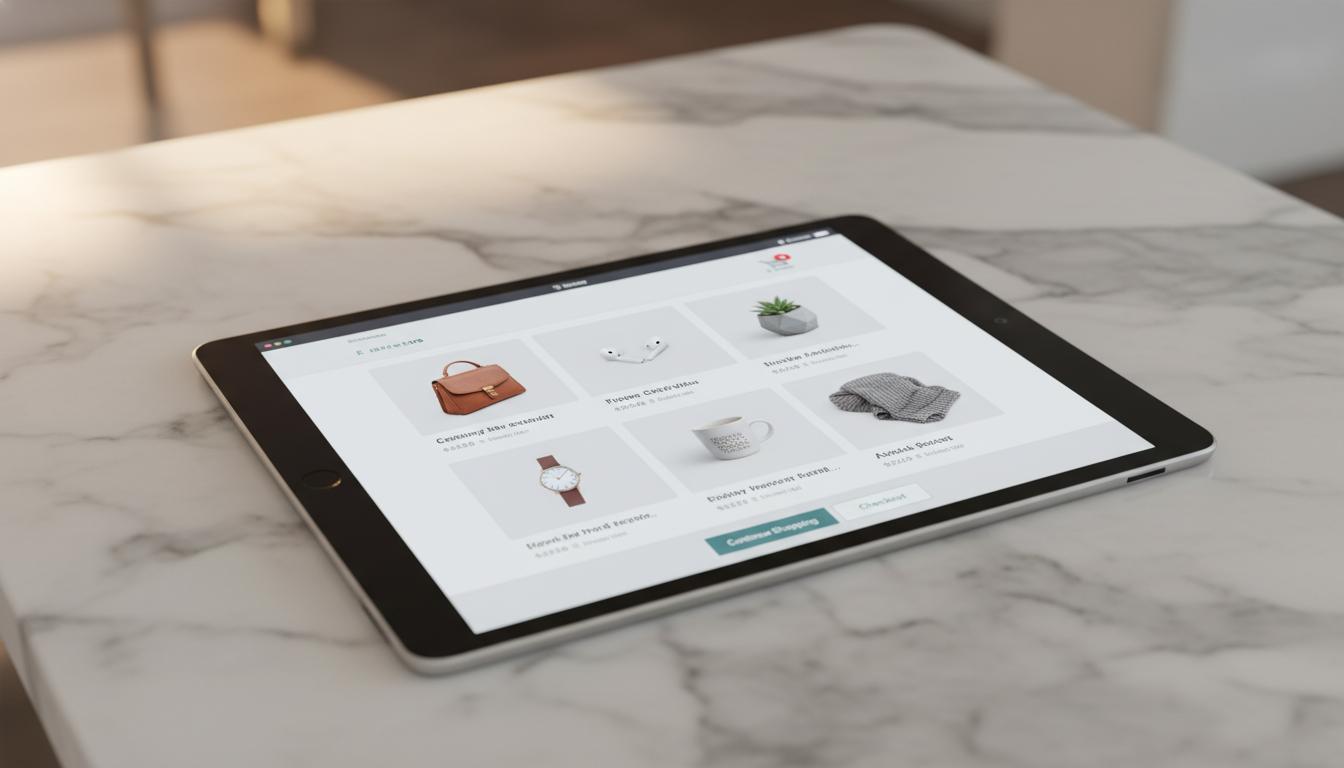 Produktgrid til webshop vist på en tablet