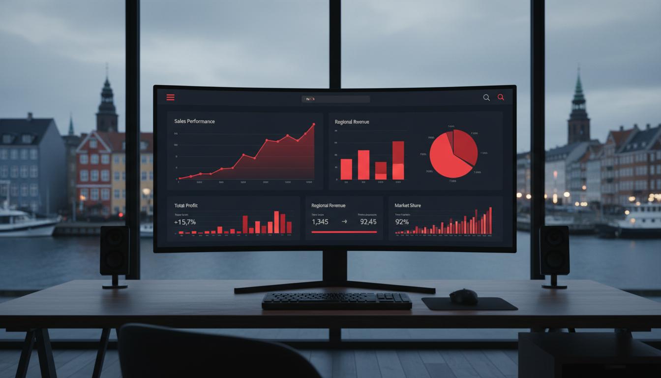Forretningsdashboard med røde grafer i et københavnsk kontormiljø